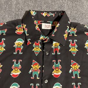 North Pole Trading Shirt Mens Large Black Elves Button Front Long Sleeve Xmas